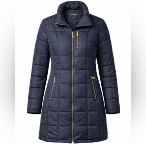 Liz Claiborne Womens Navy Blue Quilted Puffer Coat Gold Zip Long Jacket L
